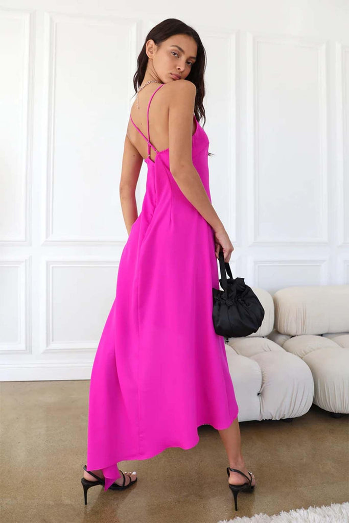 Nanci Strappy Asymmetrical Crepe Dress In Hot Pink - Adelyn Rae