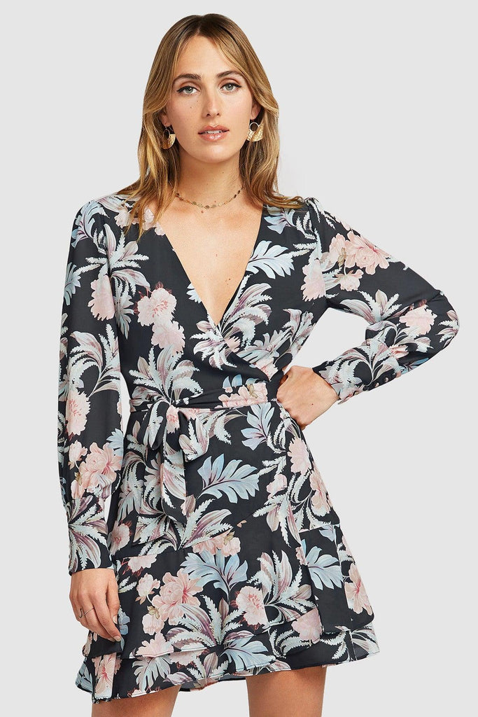 A Night With You Mini Wrap Dress in Black - Belle & Bloom