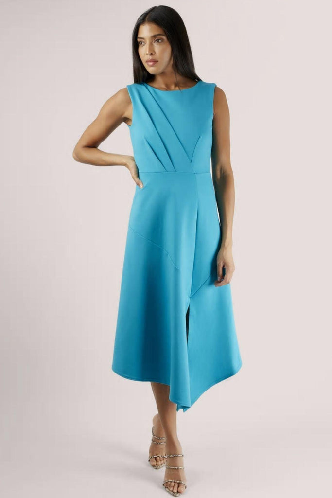 Blue Asymmetrical Hem Midi Dress - Closet London