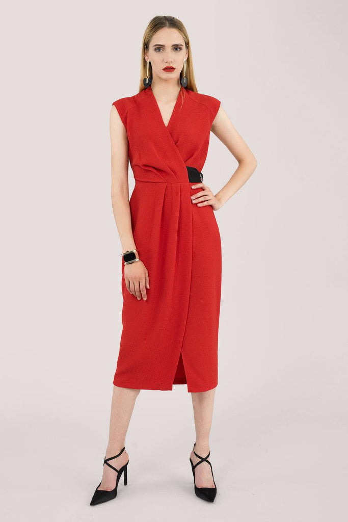 Red Pleated Midi Dress - Closet London