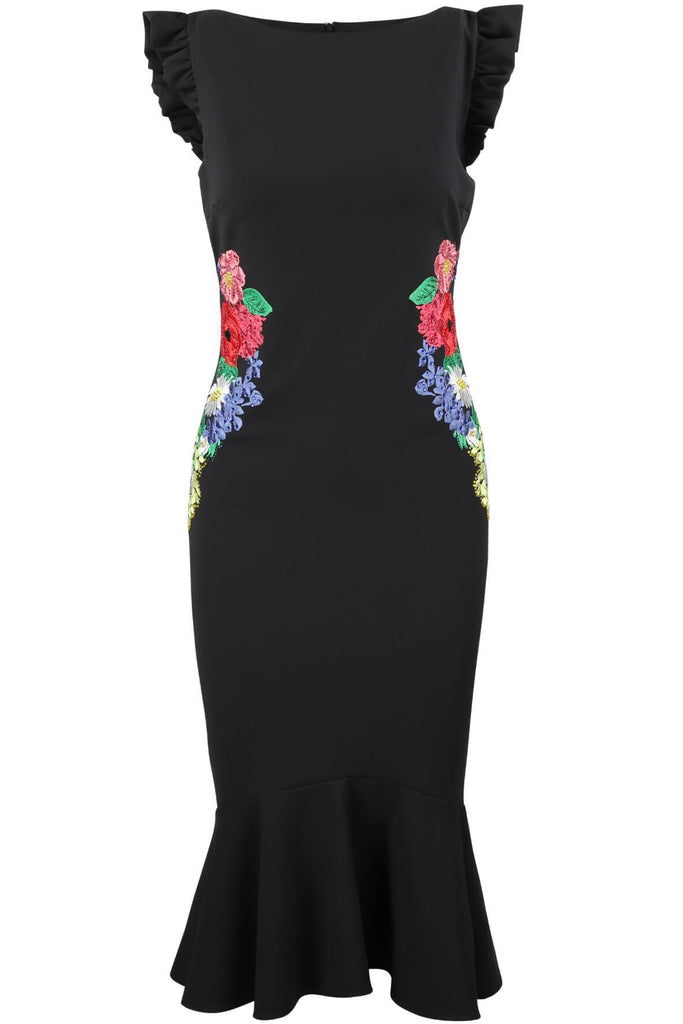 Midi Dress with Frilled Shoulders and Fluted Hem - Genese London