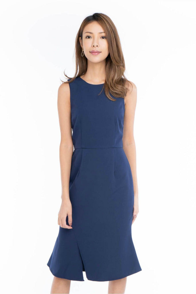 Front-slit A-line Dress with V Back Pleated Detail Navy - Mint Ooak X Style Theory