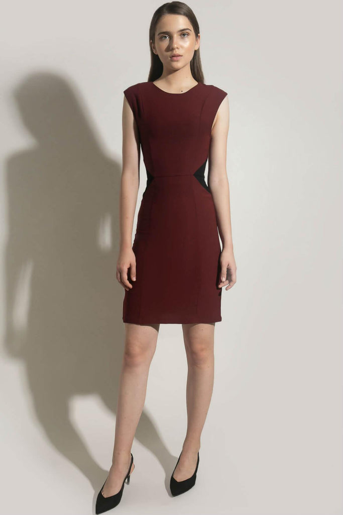 Boat Neck Panel Pencil Dress with Waist Accent - Odile