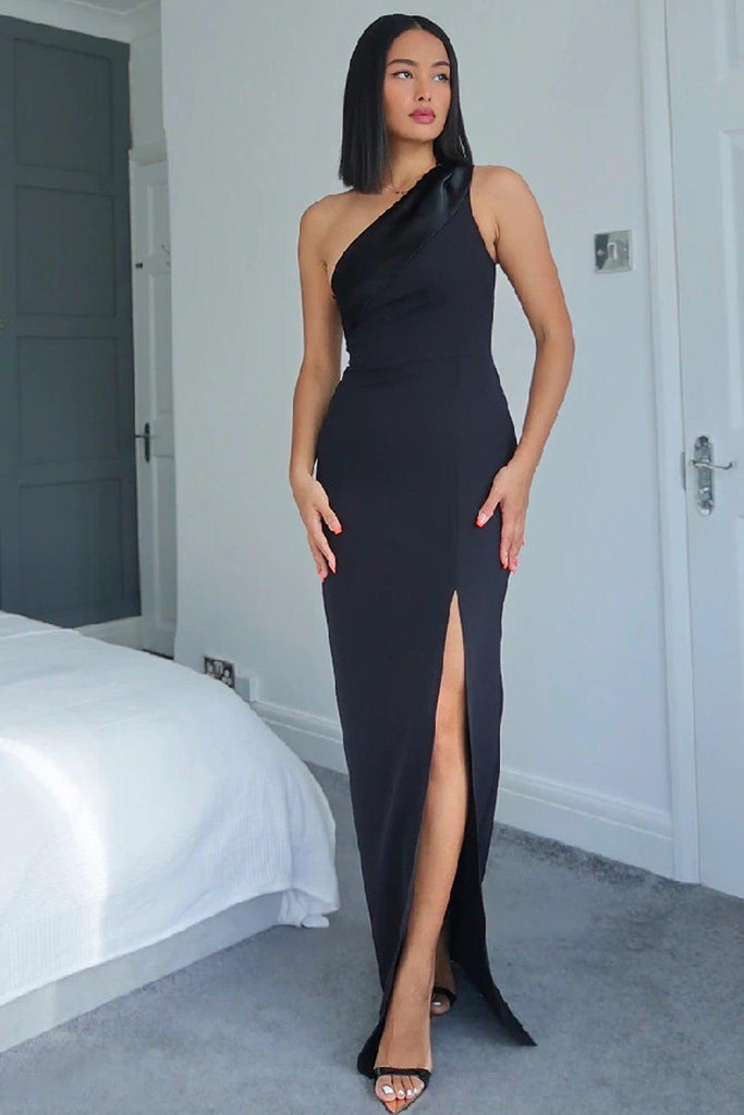 One Shoulder Front Slit Black Dress - Vesper