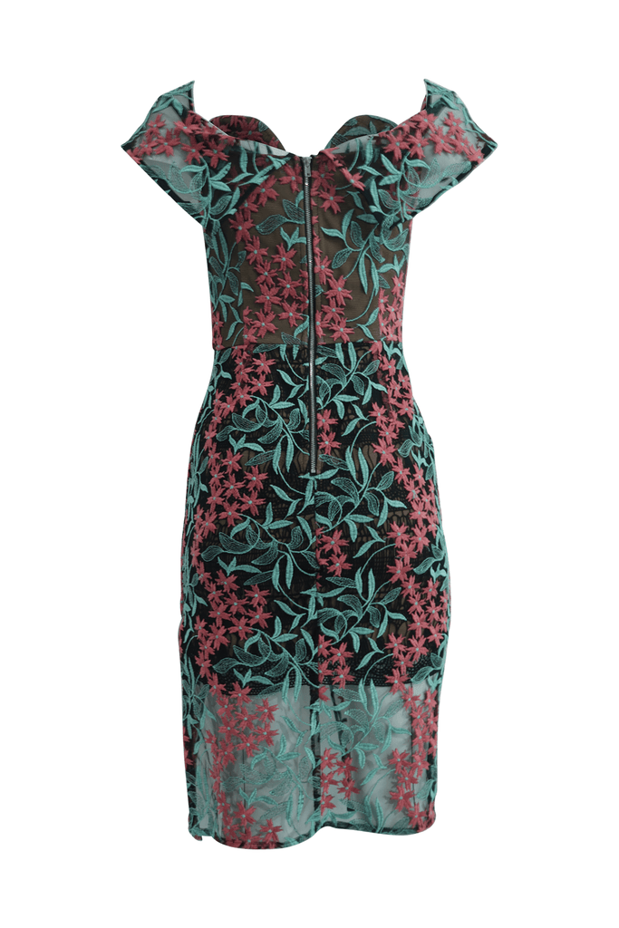 Turquoise Vine And Coral Flowers Black Lace Dress - Elliatt