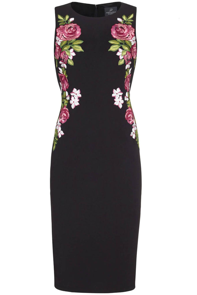 Sleeveless Crepe Sheath Dress with Embroidered Florals - Adrianna Papell