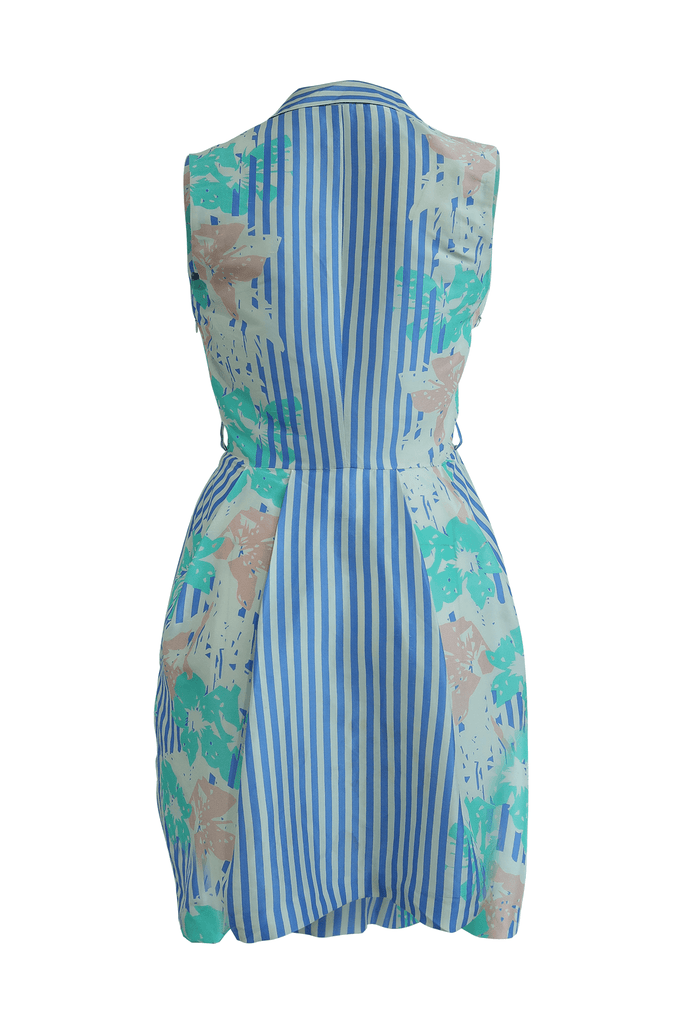 Blue & White Striped Midi Dress With Floral Prints - Cacharel