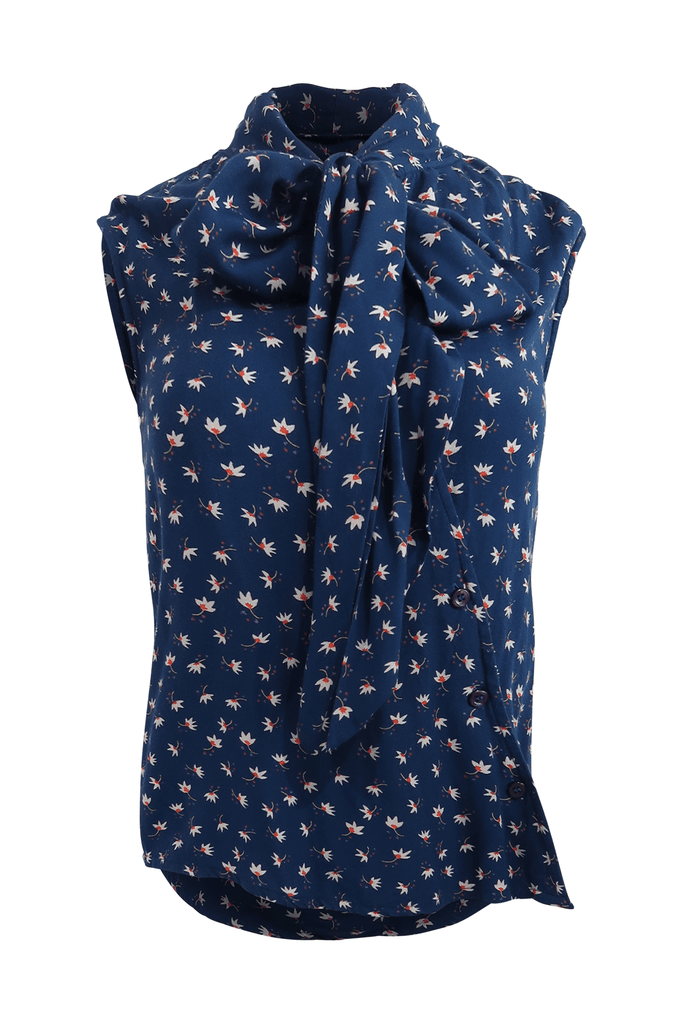 Blue Sleeveless Top With Floral Prints & Ribbon - Circus