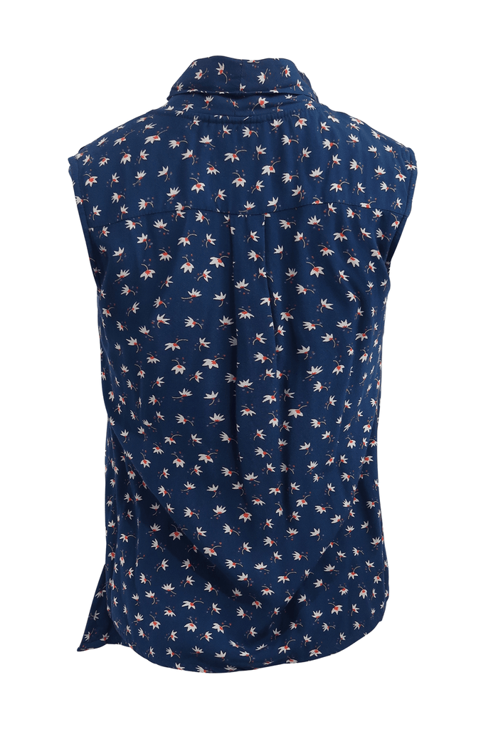 Blue Sleeveless Top With Floral Prints & Ribbon - Circus
