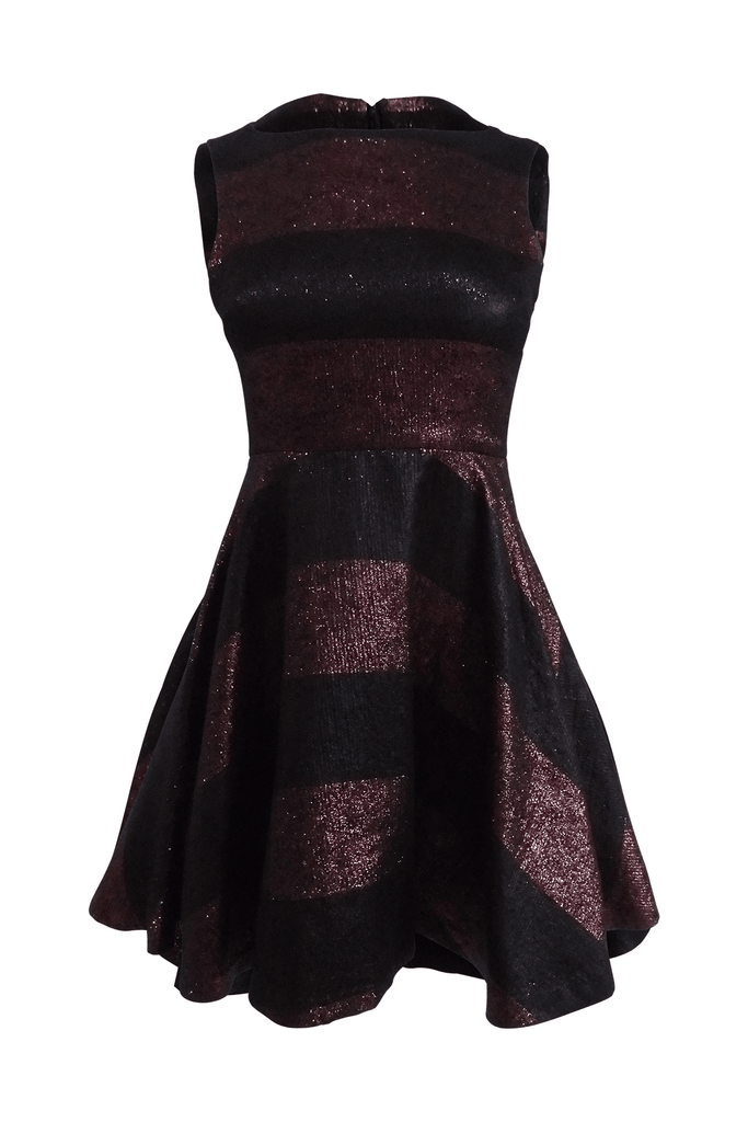 Shiny Black Open Back Dress With Maroon Stripes - Alice + Olivia