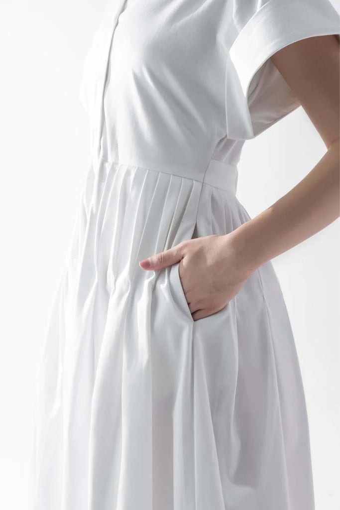 Pleat Detail Shirtdress In White - CAELI ECO LUXE