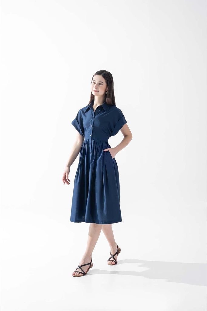 Pleat Detail Shirtdress In Midnight Blue - CAELI ECO LUXE