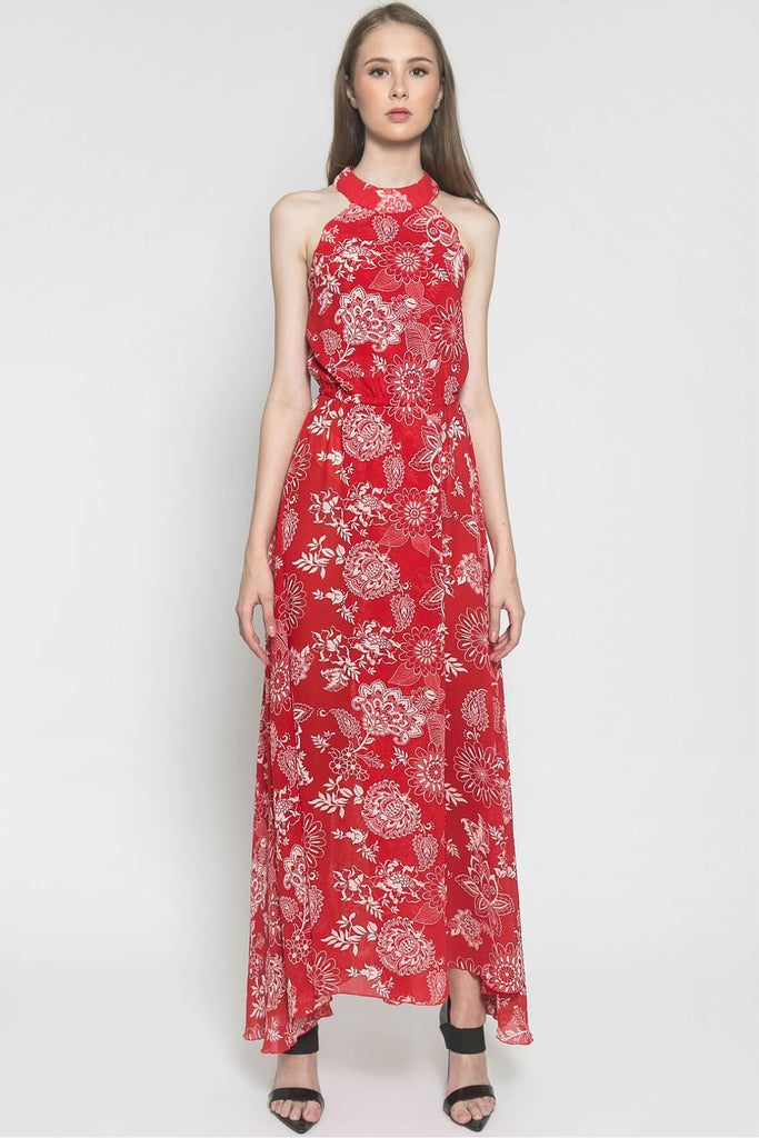 Miani Red Bunga Putih Long Dress - Amiga Bali