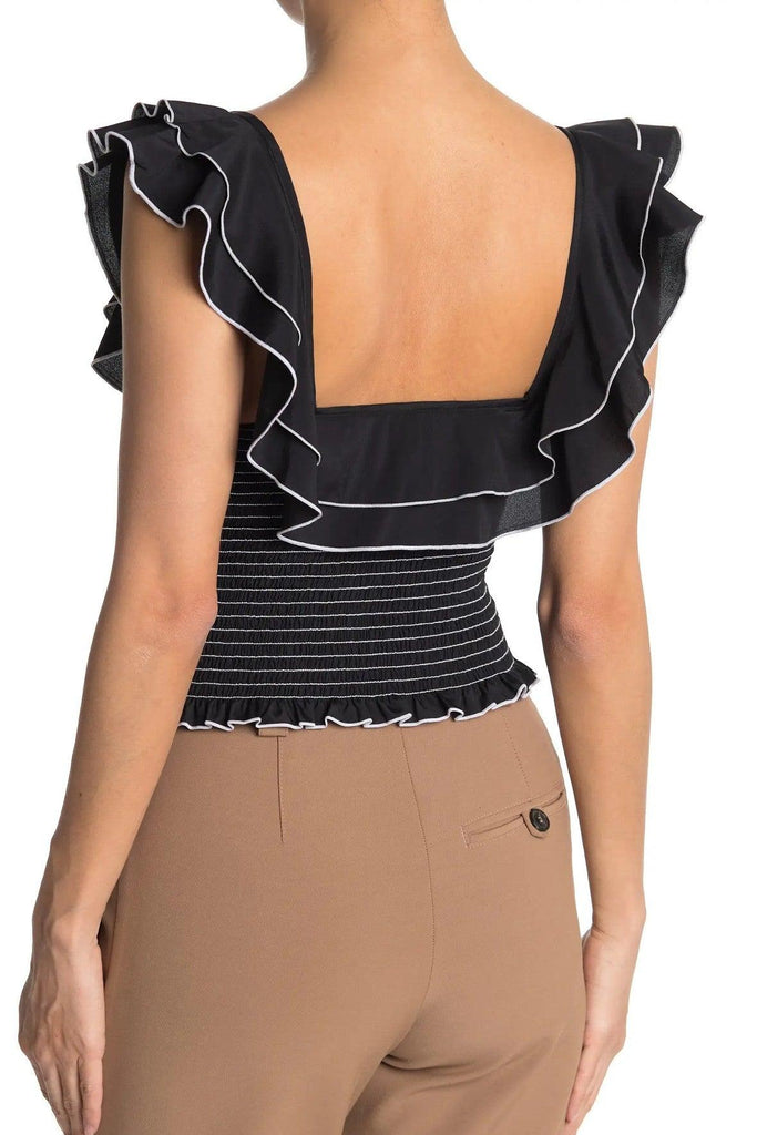 Black And White Ruffle Sleeve Shirring Crop Top - Likely