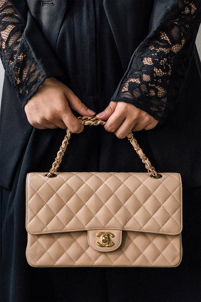 Quilted Caviar Medium Classic Flap Bag Beige with Gold Hardware - CHANEL