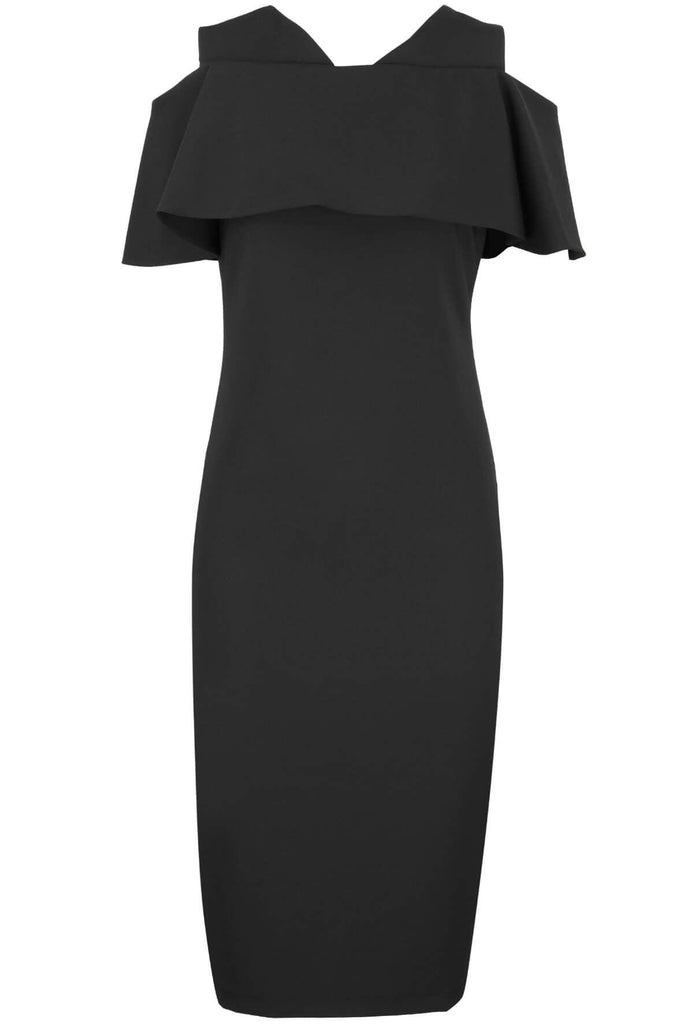 Ingrid Black Stretch Crepe Midi Dress With Cold Shoulder - Genese London
