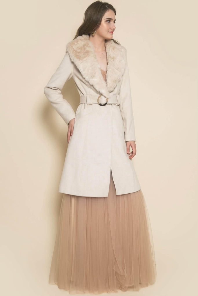 Cream Faux Fur Belted Coat - Miss Selfridge