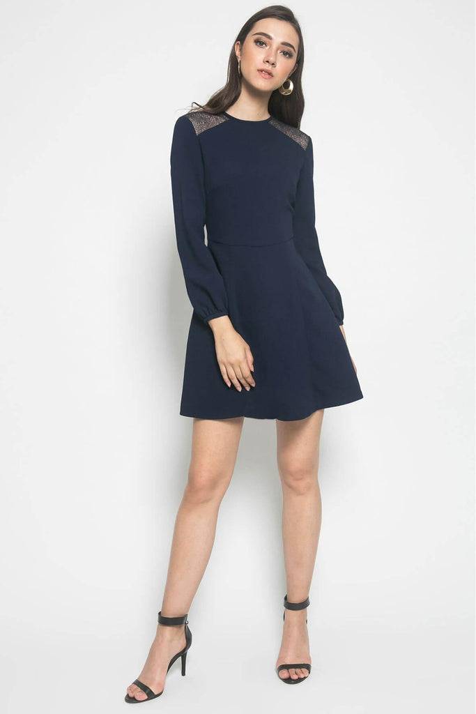 Lace Panel Belted Bell-Sleeve Dress - Nine West