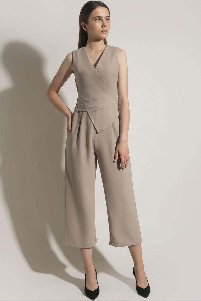 Jumpsuit with Wrap Effect Bodice, Geometric Peplum And Wide Leg Pants - Odile