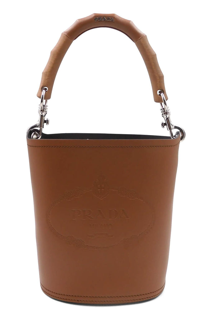 Leather Bucket Bag with Wooden Handle Cognac - PRADA