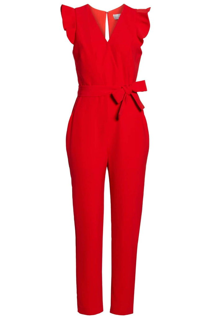 Cai Woven Ruffle Shoulder Jumpsuit Red - Adelyn Rae