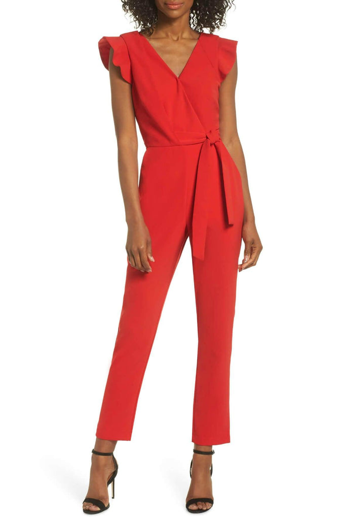 Cai Woven Ruffle Shoulder Jumpsuit Red - Adelyn Rae