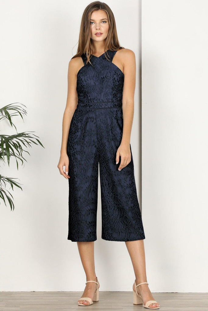 Carissa Woven Lace Cross Neck Jumpsuit in Navy - Adelyn Rae