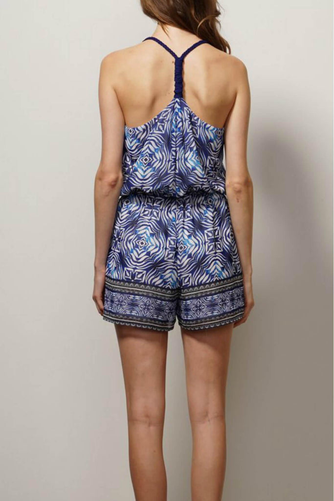 Woven Printed Chiffon Romper With Braided Straps - Adelyn Rae