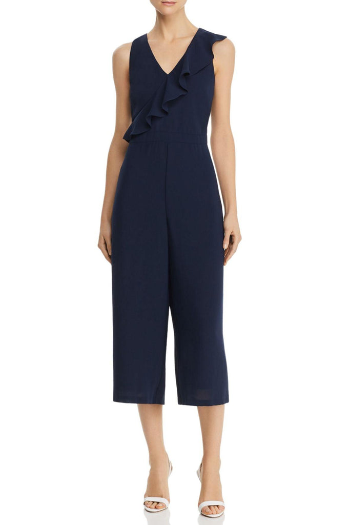 Cropped Jumpsuit with Ruffle Details Blue - Adrianna Papell