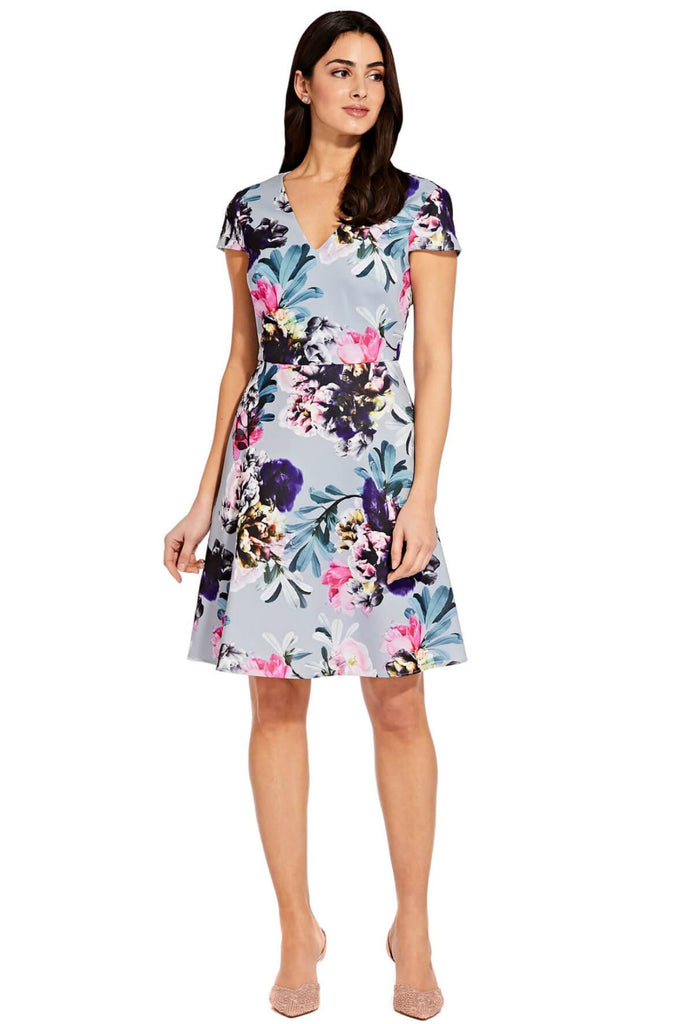 Floral Fit and Flare Dress with Cap Sleeves - Adrianna Papell
