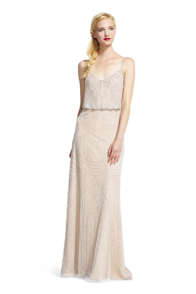 Long Beaded Dress In Silver/Nude - Adrianna Papell