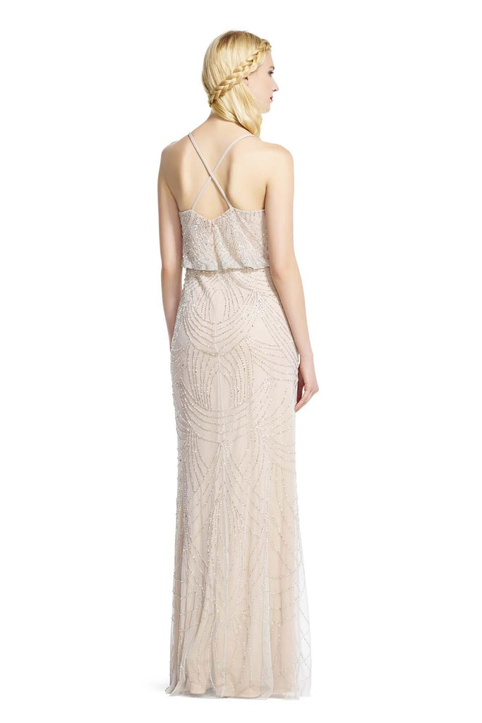 Long Beaded Dress In Silver/Nude - Adrianna Papell