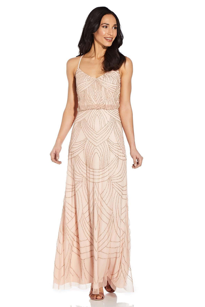 Long Beaded Dress In Taupe/Pink - Adrianna Papell
