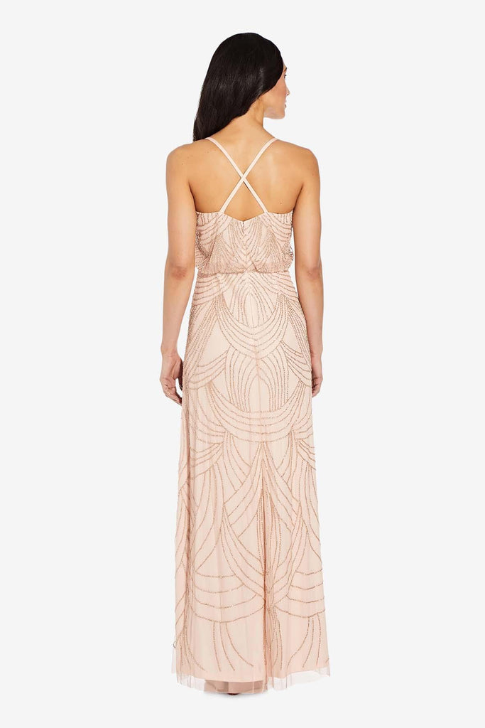 Long Beaded Dress In Taupe/Pink - Adrianna Papell