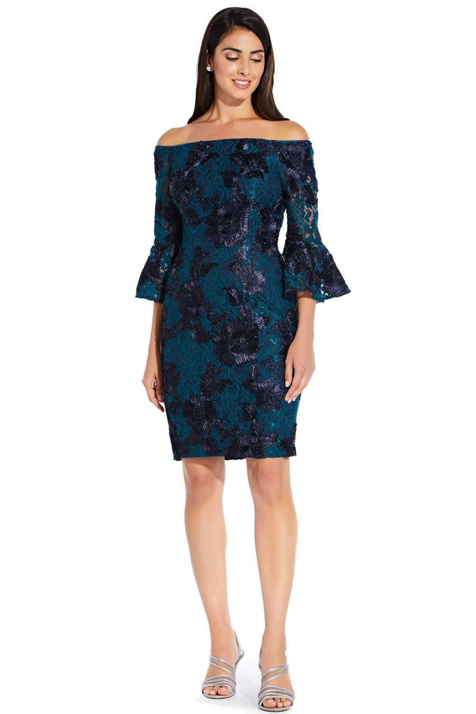 Off the Shoulder Sheath Dress with Floral and Lace Detail - Adrianna Papell