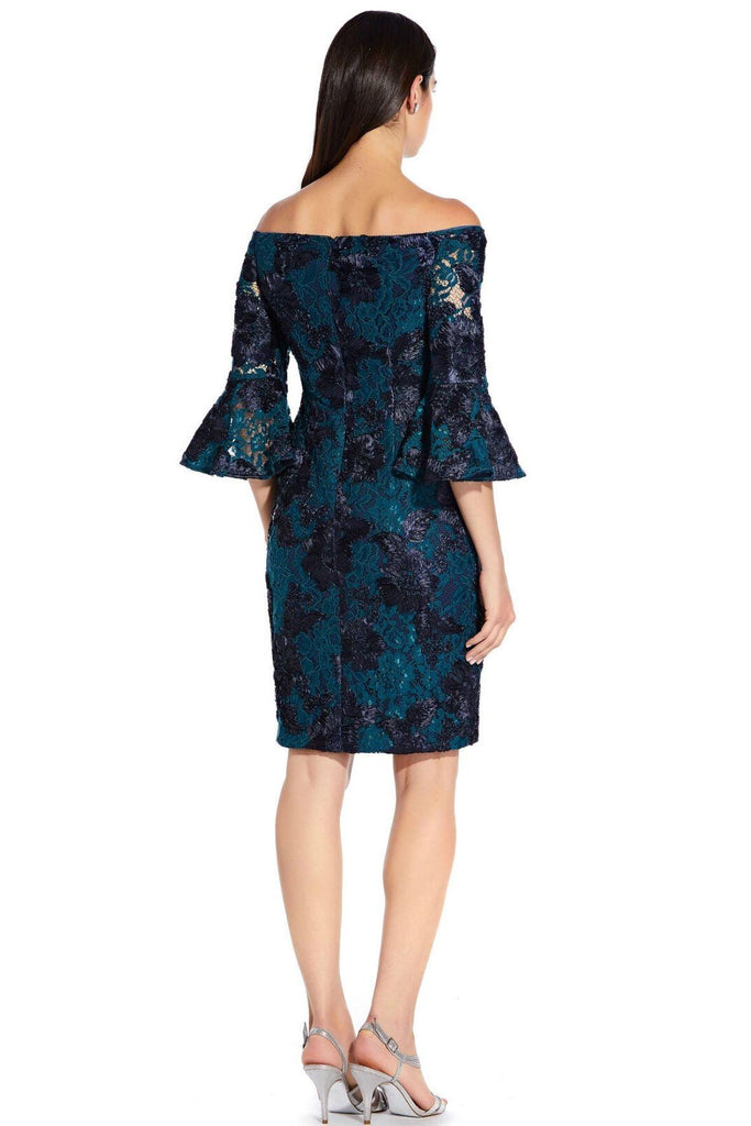 Off the Shoulder Sheath Dress with Floral and Lace Detail - Adrianna Papell