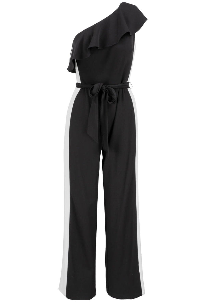 One Shoulder Colorblock Jumpsuit with Tie Waist - Adrianna Papell