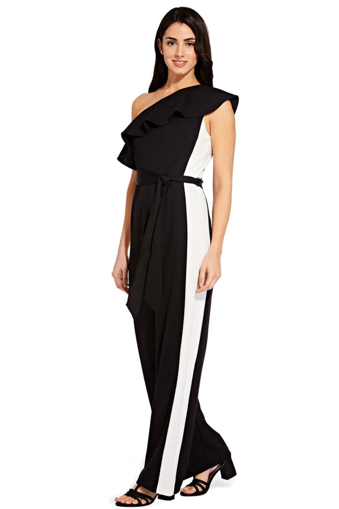 One Shoulder Colorblock Jumpsuit with Tie Waist - Adrianna Papell