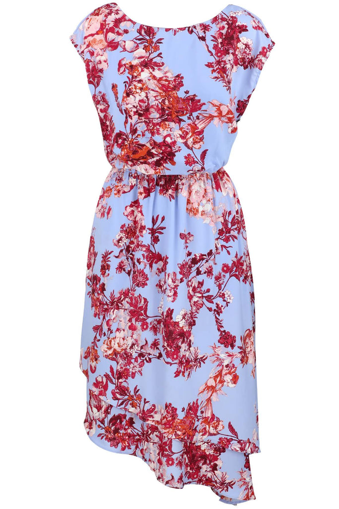 Short Sleeve Floral Dress with Tiered Asymmetric Hemline - Adrianna Papell