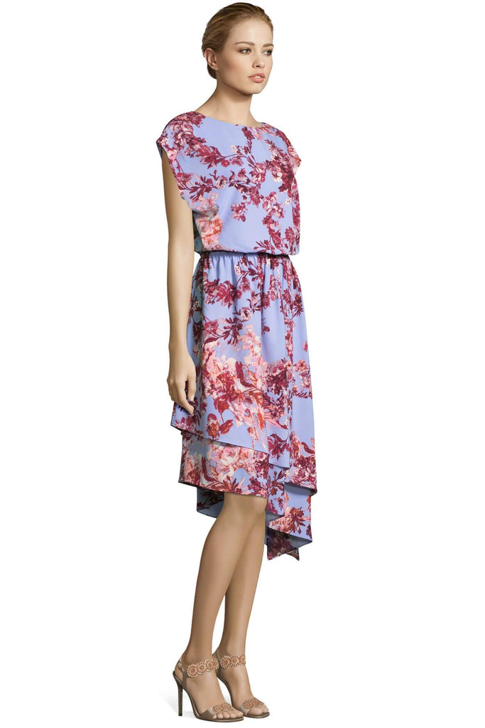 Short Sleeve Floral Dress with Tiered Asymmetric Hemline - Adrianna Papell