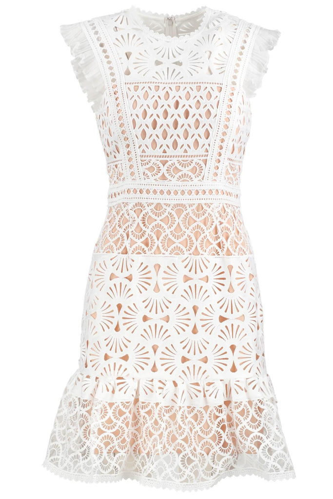 Ava Embroidered Flutter Sleeve Dress White - Aijek