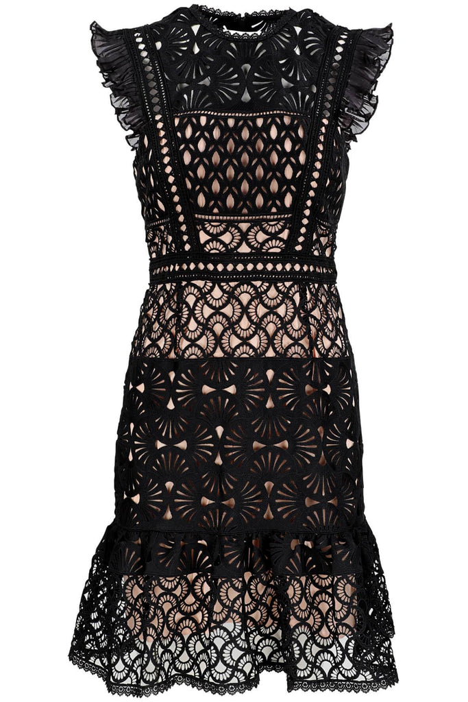 Ava Embroidered Flutter Sleeve Dress Black - Aijek
