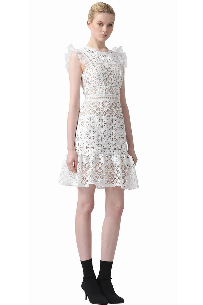 Ava Embroidered Flutter Sleeve Dress White - Aijek