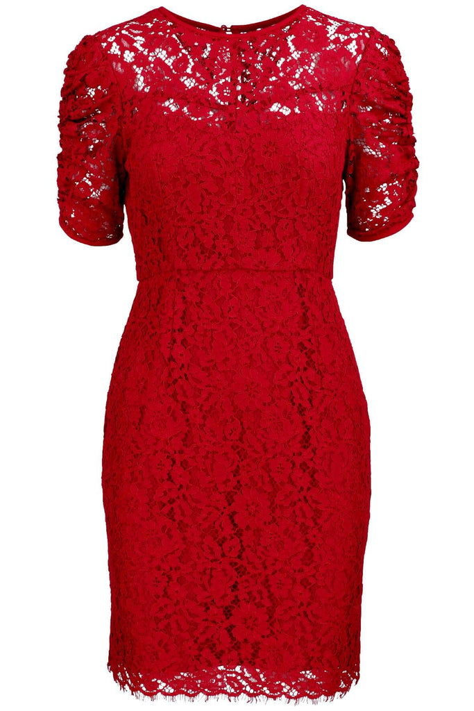Charlotte Lace Ruched Sleeve Dress Red - Aijek