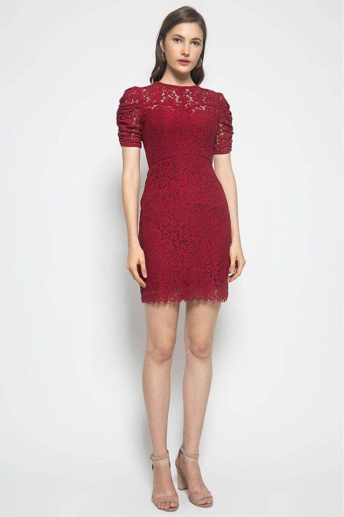 Charlotte Lace Ruched Sleeve Dress Red - Aijek