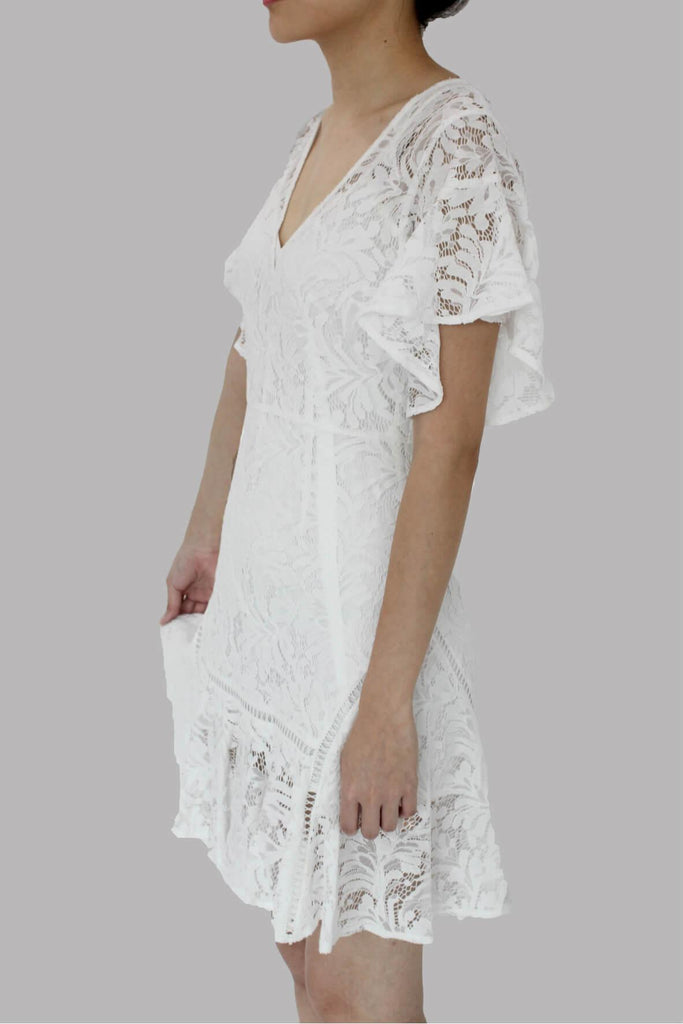 Livia Ruffled Sleeve Lace Dress White - Aijek