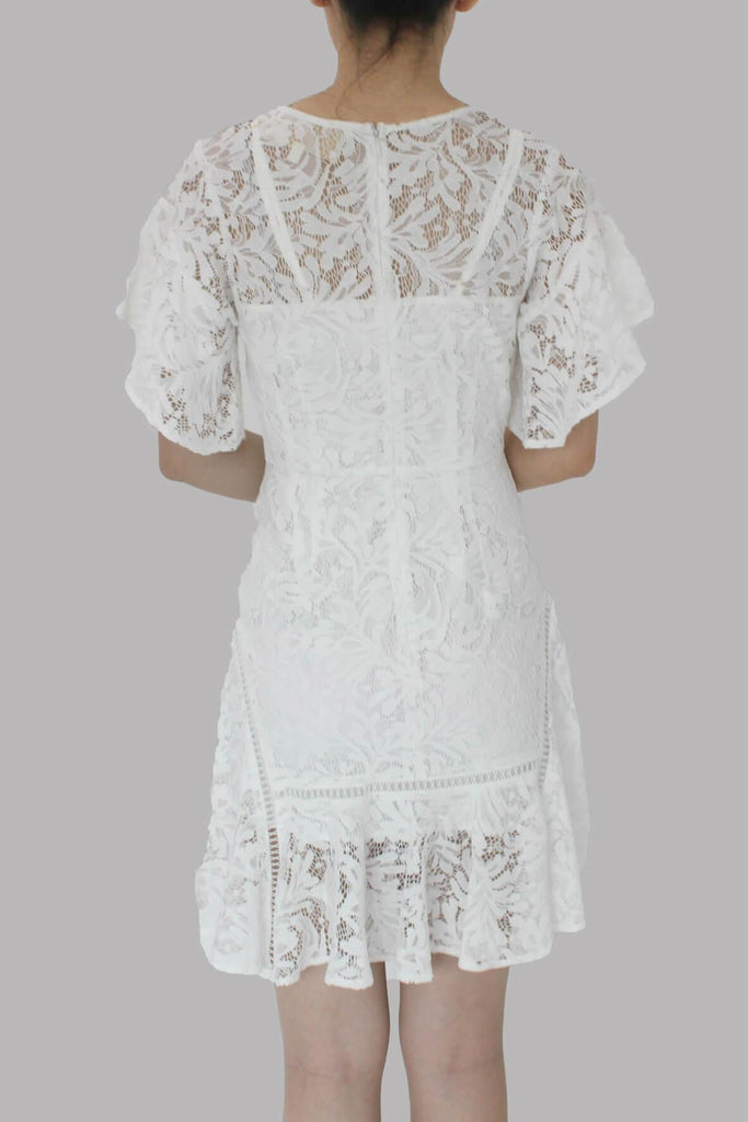 Livia Ruffled Sleeve Lace Dress White - Aijek