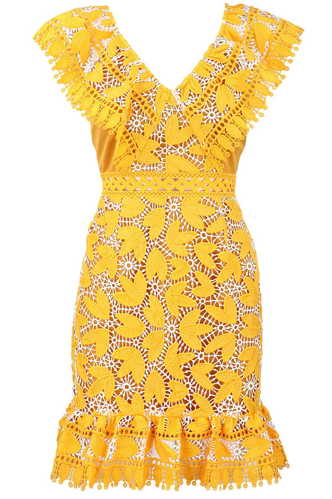 Marianna Embroidered Ruffled Dress Yellow - Aijek