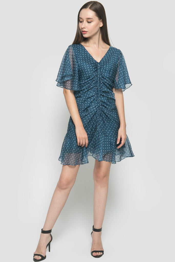 V-Neck Flare Sleeve Mini Dress - Avantlook
