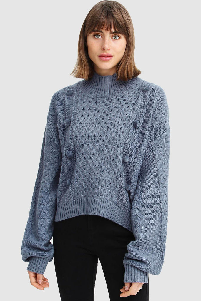 Higher Love Cropped Cable Knit Jumper in Dusty Blue - Belle & Bloom